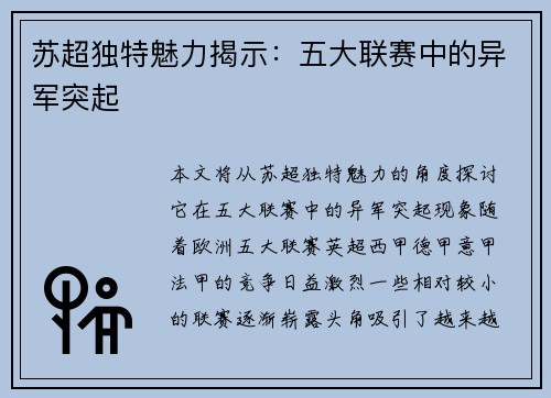 苏超独特魅力揭示：五大联赛中的异军突起